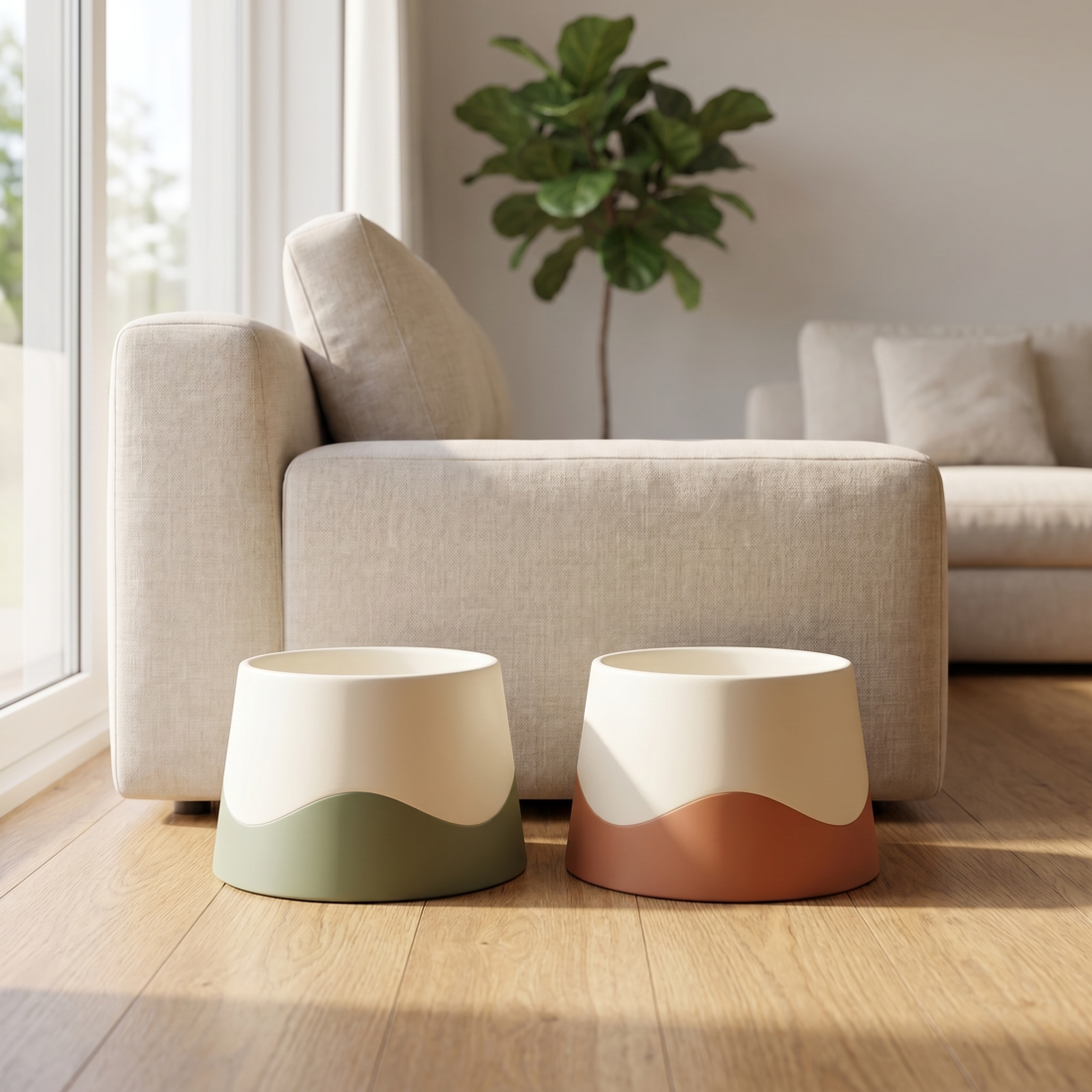 Two auvo bowls, food and water